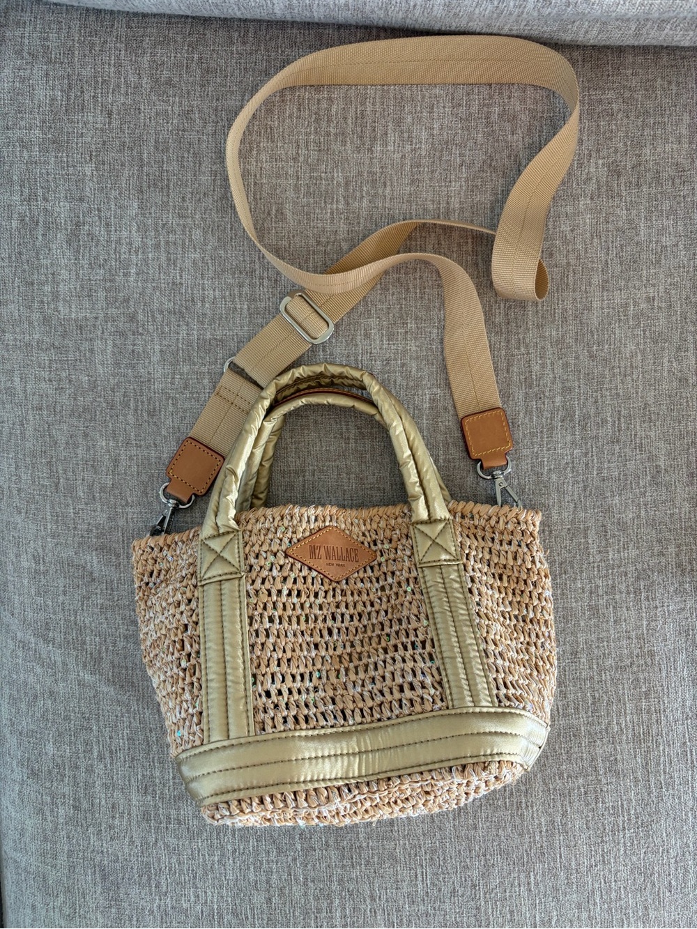 MZ Wallace Natural Straw Mini Tote with Tan Trim and Strap